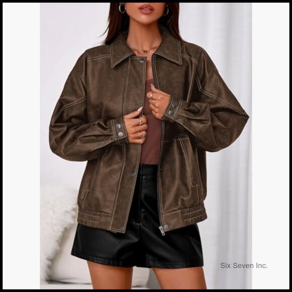 Faux Leather Bomber Jacket Women Oversized Moto Biker Zip Up - Picture 2 of 7